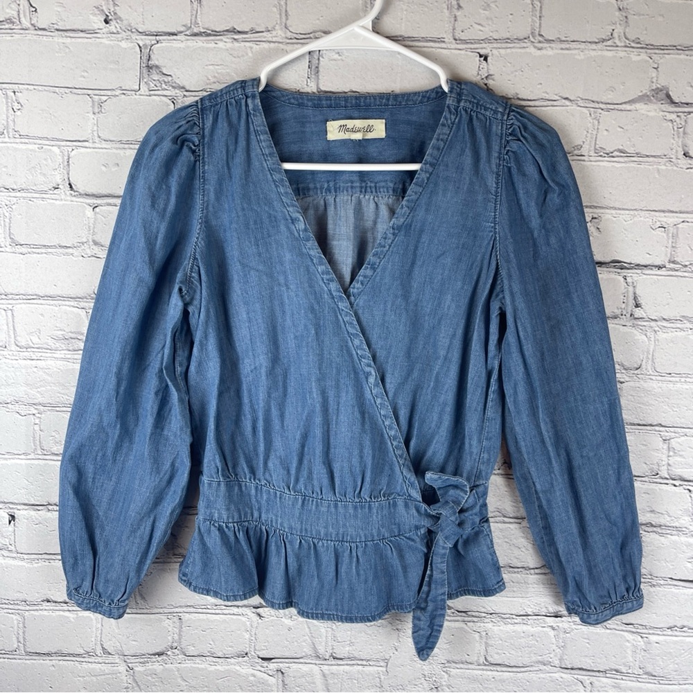 Madewell‎ Denim Puff Sleeve Peplum Wrap Top Shirt Size XXS Chambray Blue